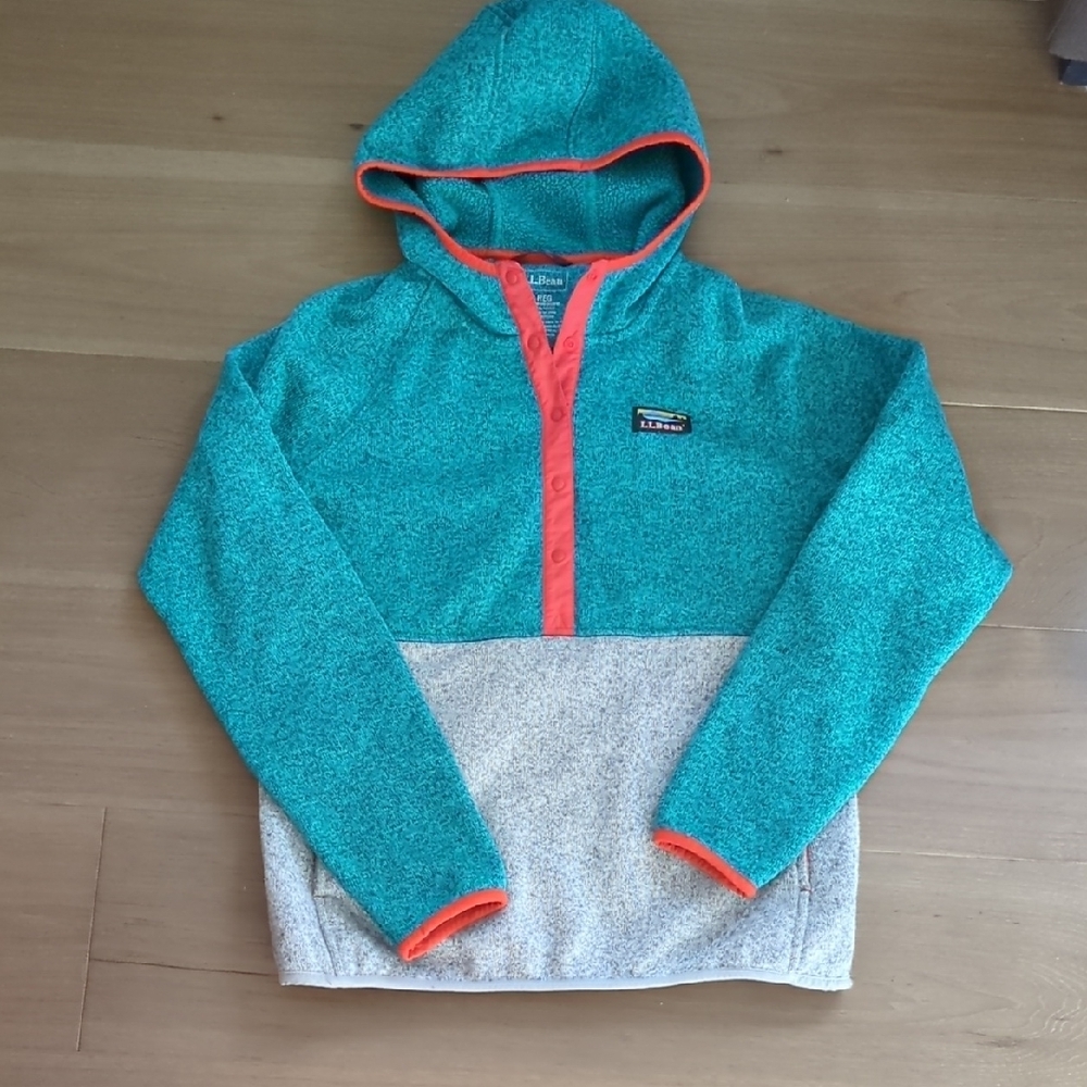 L.L. Bean Teal and Gray Fleece Pullover Hoodie Sweater Jacket Size Small